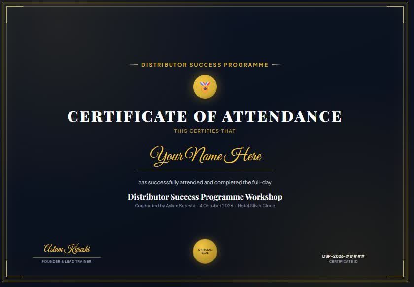 Official Certificate of Workshop Attendance signed by Aslam Kureshi